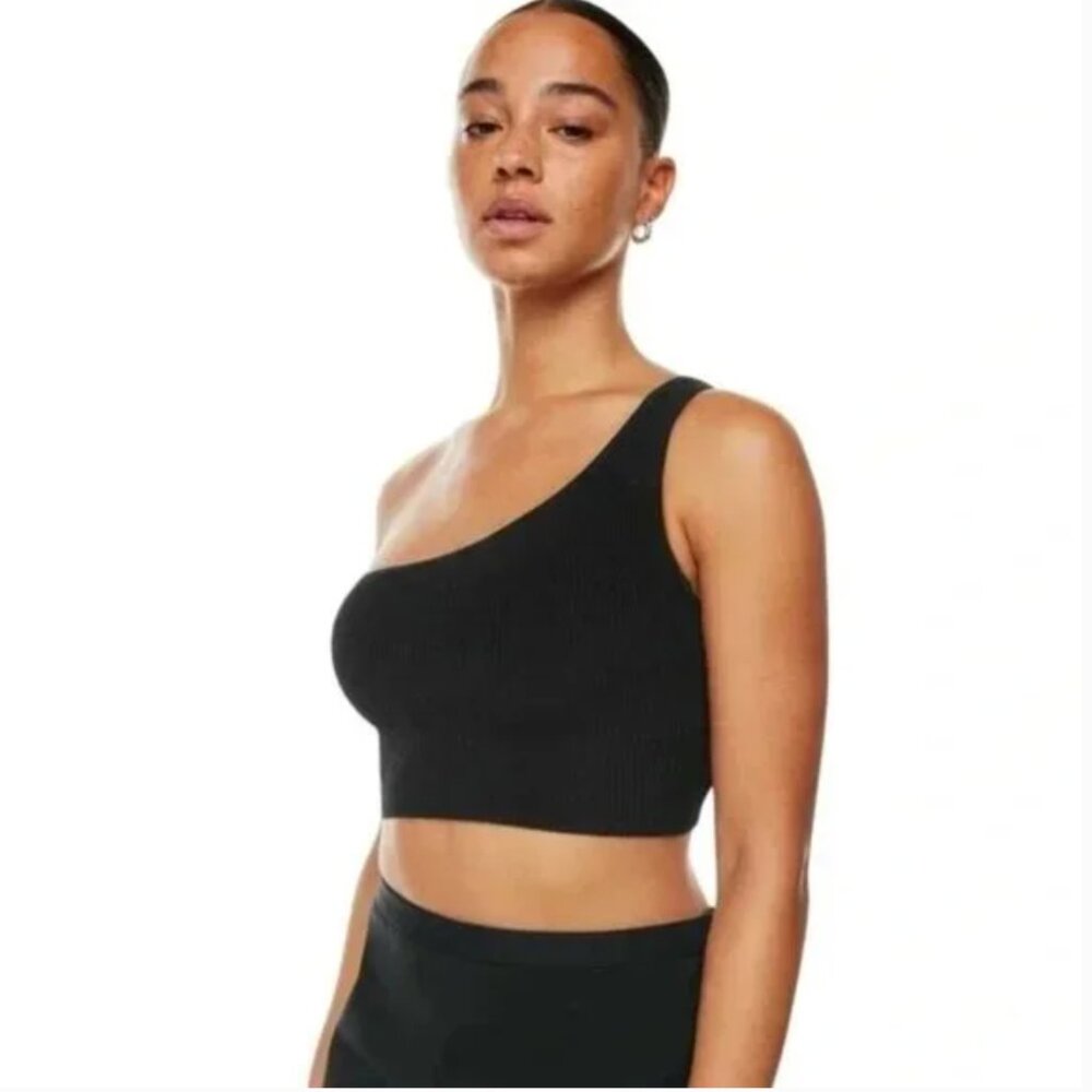 Aritzia Babaton Black Sculpt Knit Ribbed One-Shoulder Top Minimal Clean Gril XS